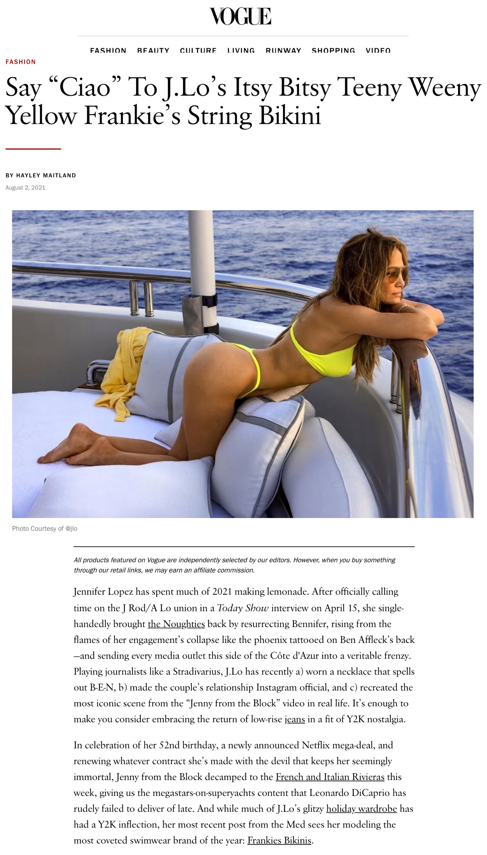 Say “Ciao” To J.Lo's Itsy Bitsy Teeny Weeny Yellow Frankie's String Bikini