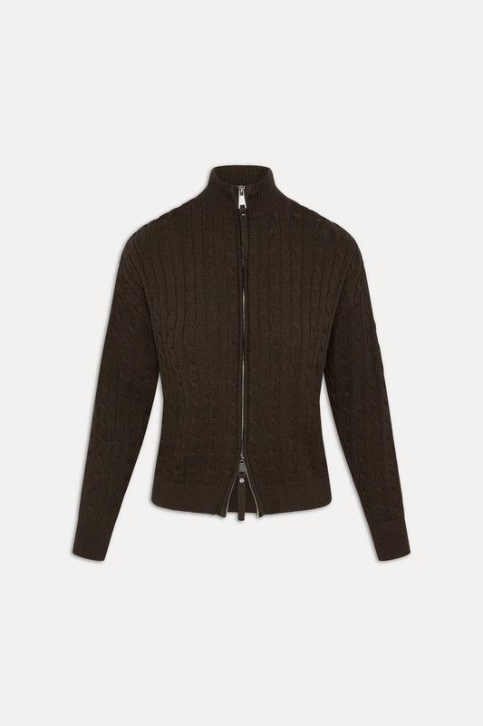 Bea Cable Knit Zip Up Sweater - Chocolate Brown by Frankies Bikinis