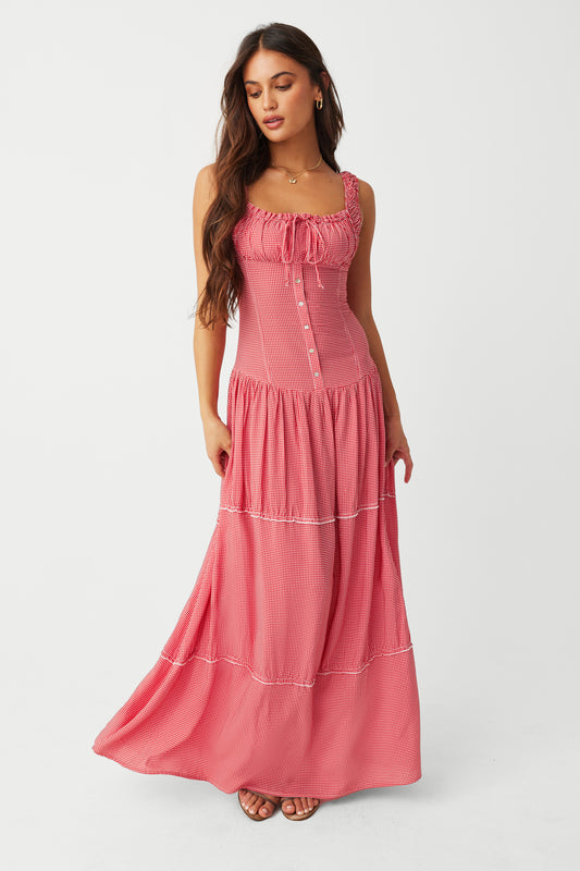 Product--Christabelle Ruffle Maxi Dress Ladybug Gingham