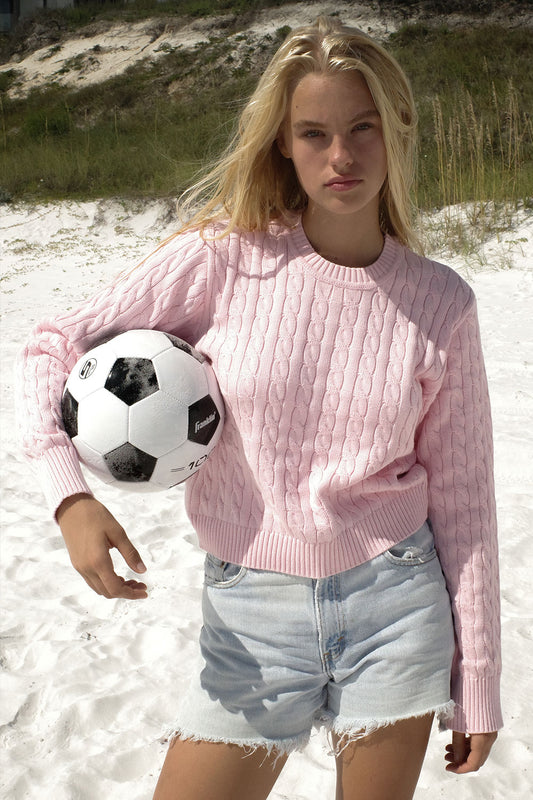 Product--Varsity cable knit pullover sweater cozy pink