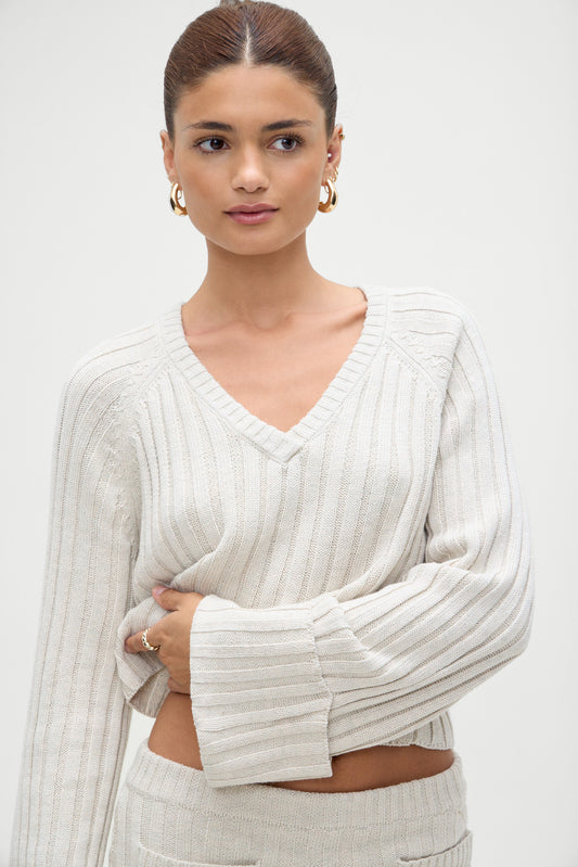 Product--Ashton Cotton Knit V Neck Sweater in Cream