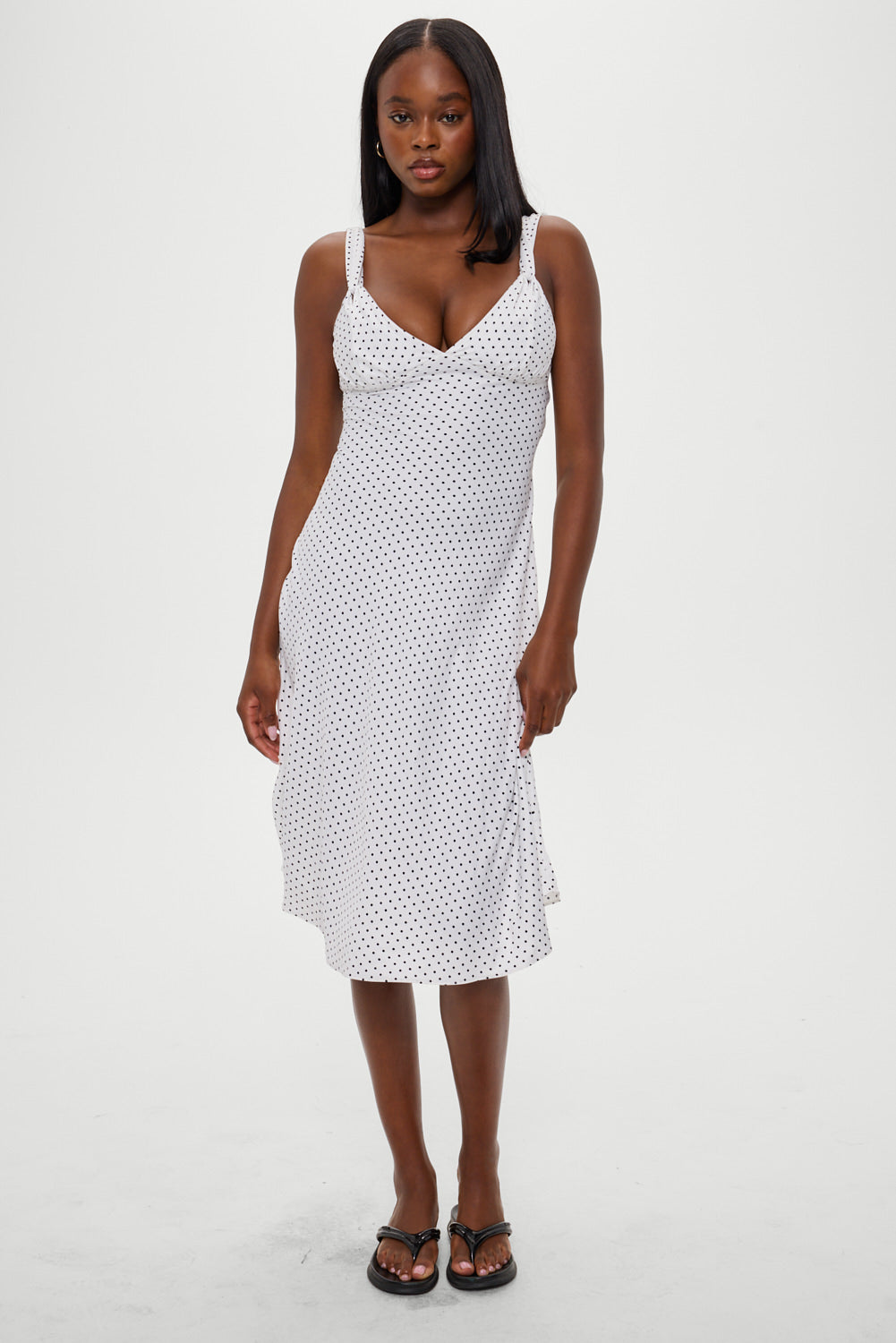 Frankies Bikinis - Aurora Satin Midi Dress - White Polka Dot Frankies Bikinis - Aurora Satin Midi Dress - White Polka Dot