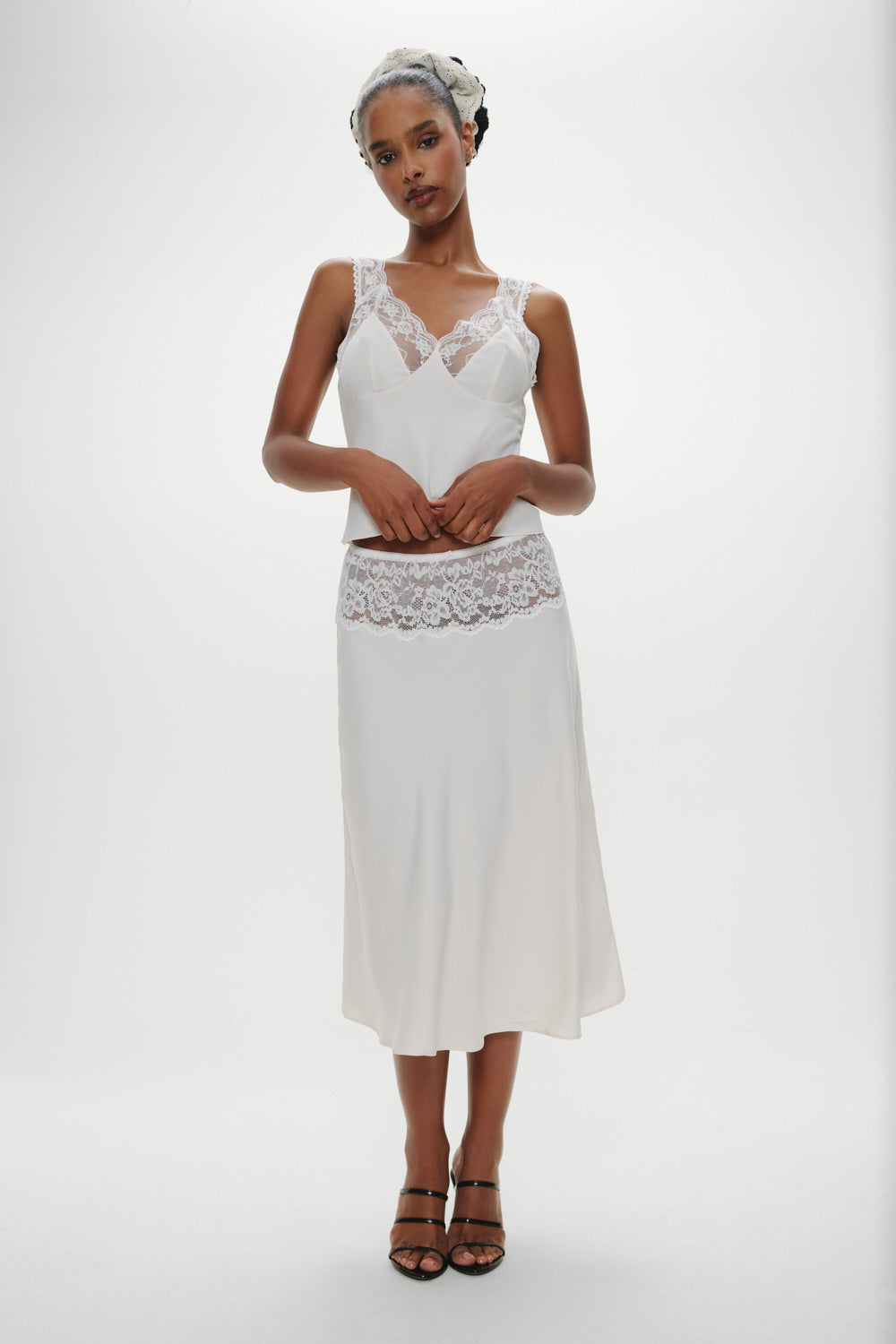 Harper Satin Lace Midi Skirt  Heaven