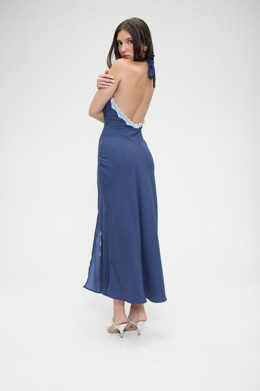 Product-Hover--Madeleine Crepe Dress Navy Blue and White Dotty Print