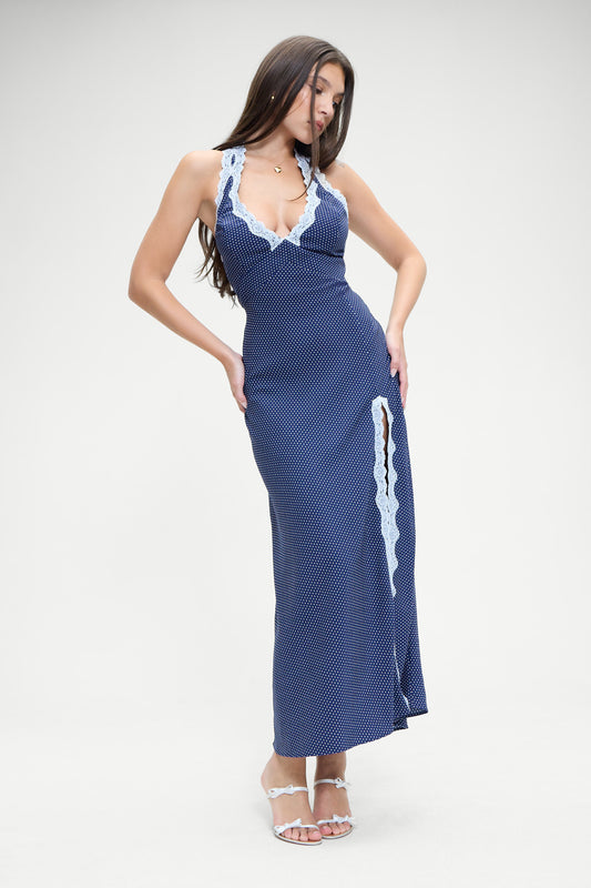 Product--Madeleine Crepe Dress Navy Blue and White Dotty Print