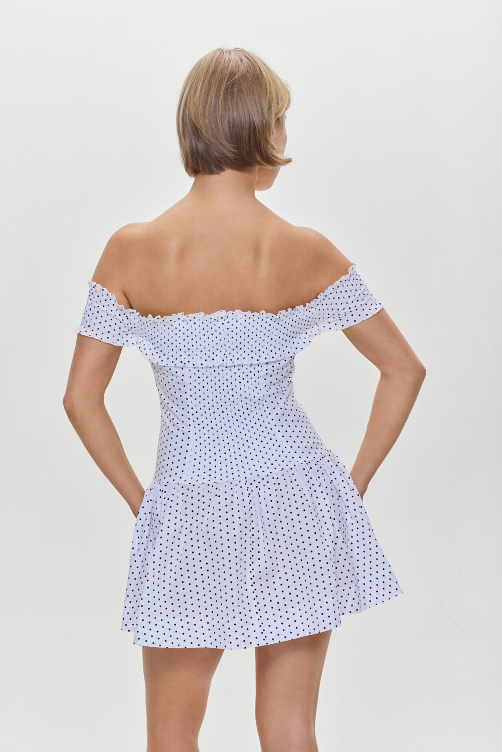Mae Off Shoulder Mini Dress  White Polka Dot