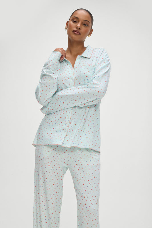 Product--Rory Cotton Sleep Pants in Blue with Pink Floral Malibu Meadow Print