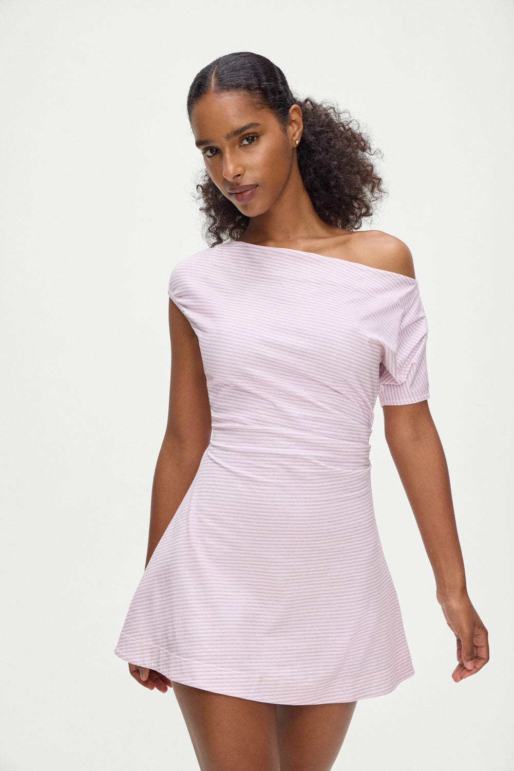 Roslyn Off Shoulder Mini Dress - Rosewater Stripe Roslyn Off Shoulder Mini Dress - Rosewater Stripe