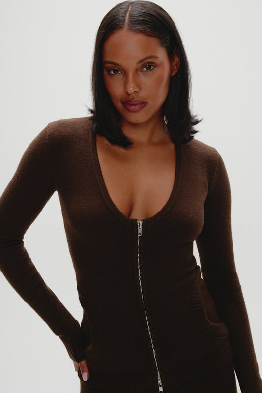 Product--Sienna Zip Up Knit Sweater - Chocolate Brown