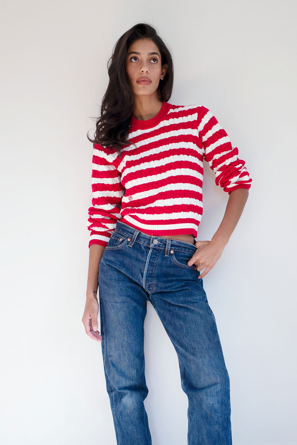Varsity Cable Knit Sweater  Heartstrings Stripe