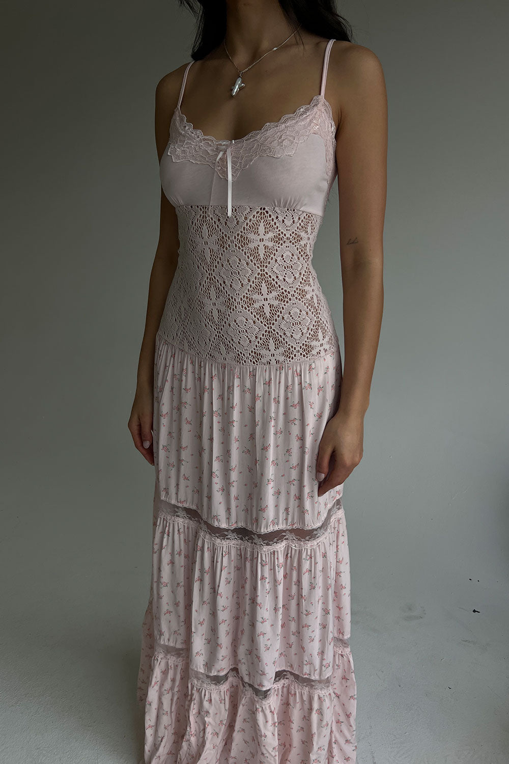 Vineyard Crochet Floral Maxi Dress  Baby Bouquet Pink