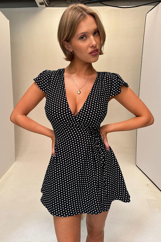 Product--Lucy Wrap Mini Dress Classic Polka Dot