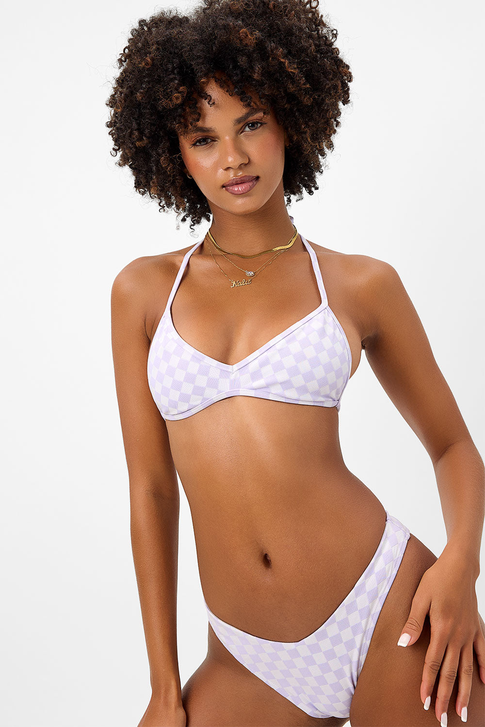 Boardwalk Checkered String Bikini Top  Purple Check