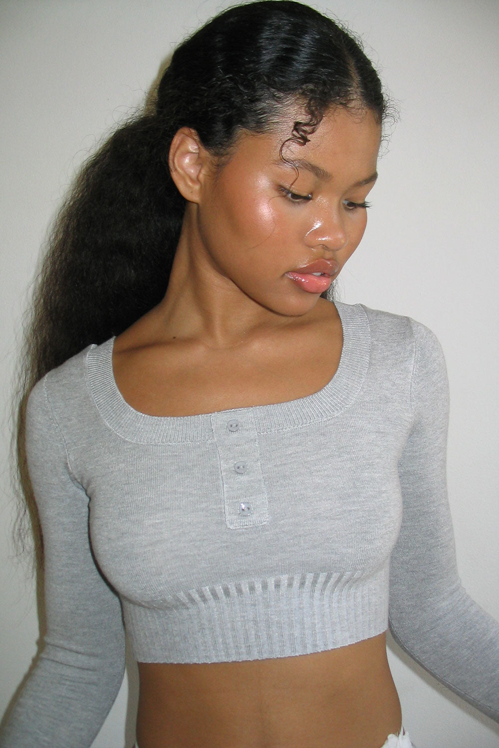Claude Lightweight Knit Mini Crop Top  Heather Grey