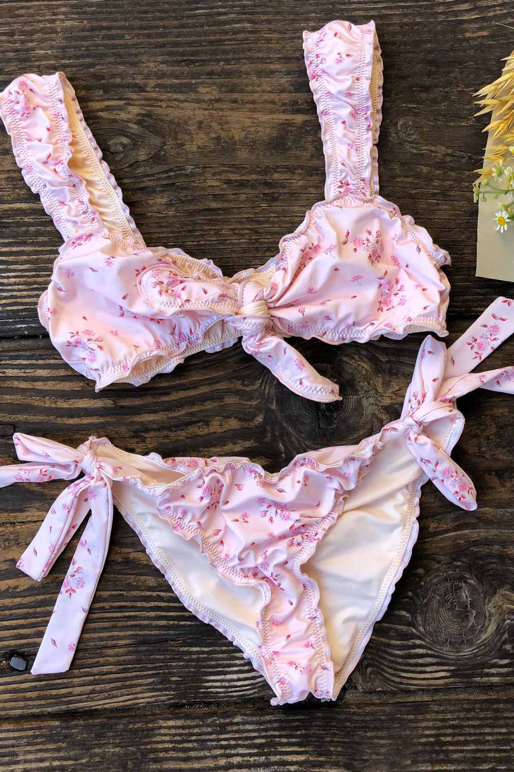 Colby Tie Front Ruffle Bikini Top  Sweet Rose