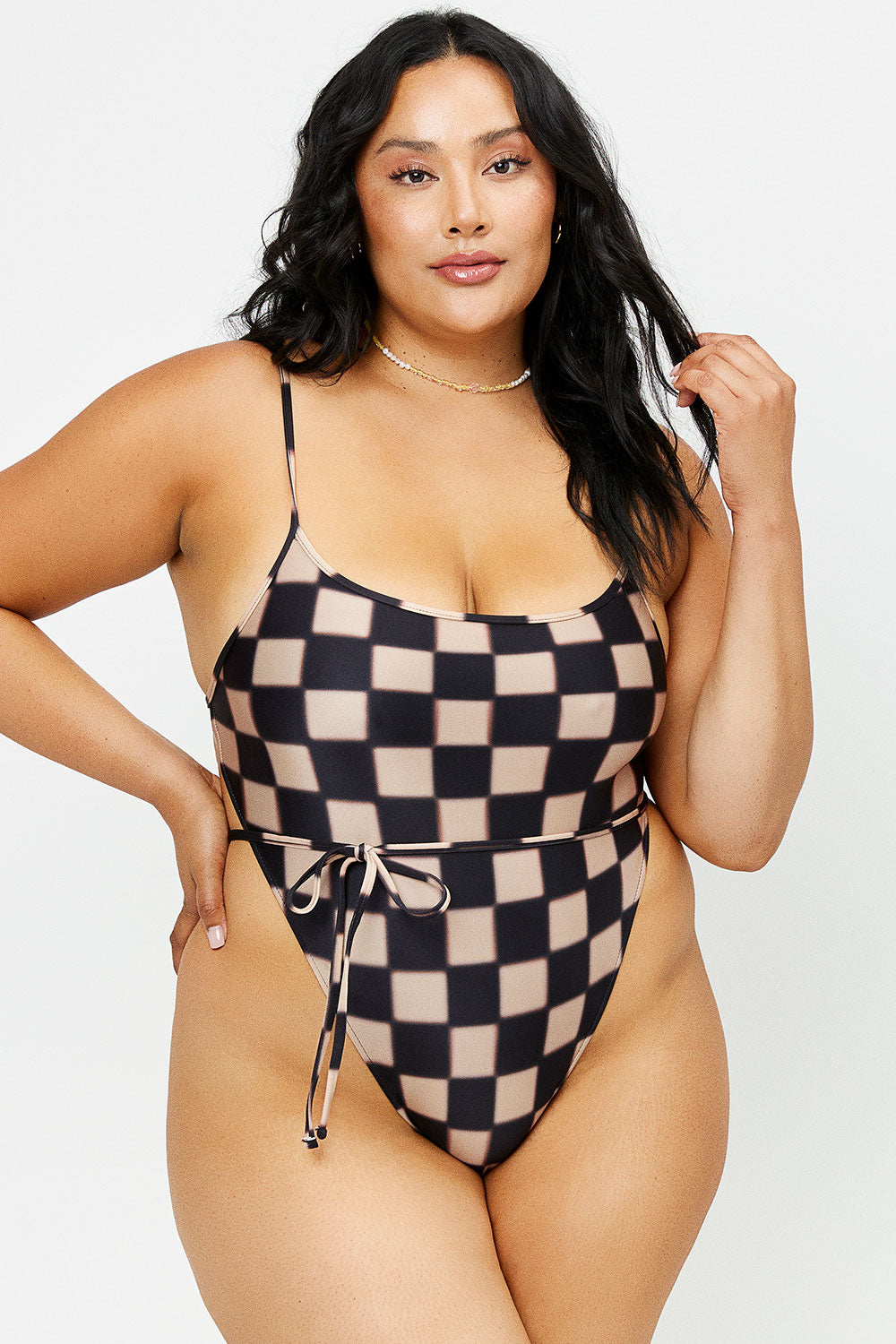 Croft Satin Cheeky One Piece Swimsuit  Black Checker