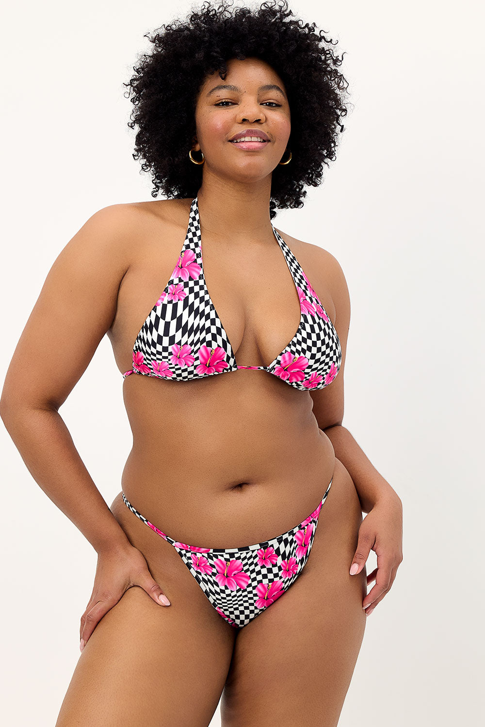 Harmony Shine Thong Bikini Bottom  Black Morrison Hibiscus