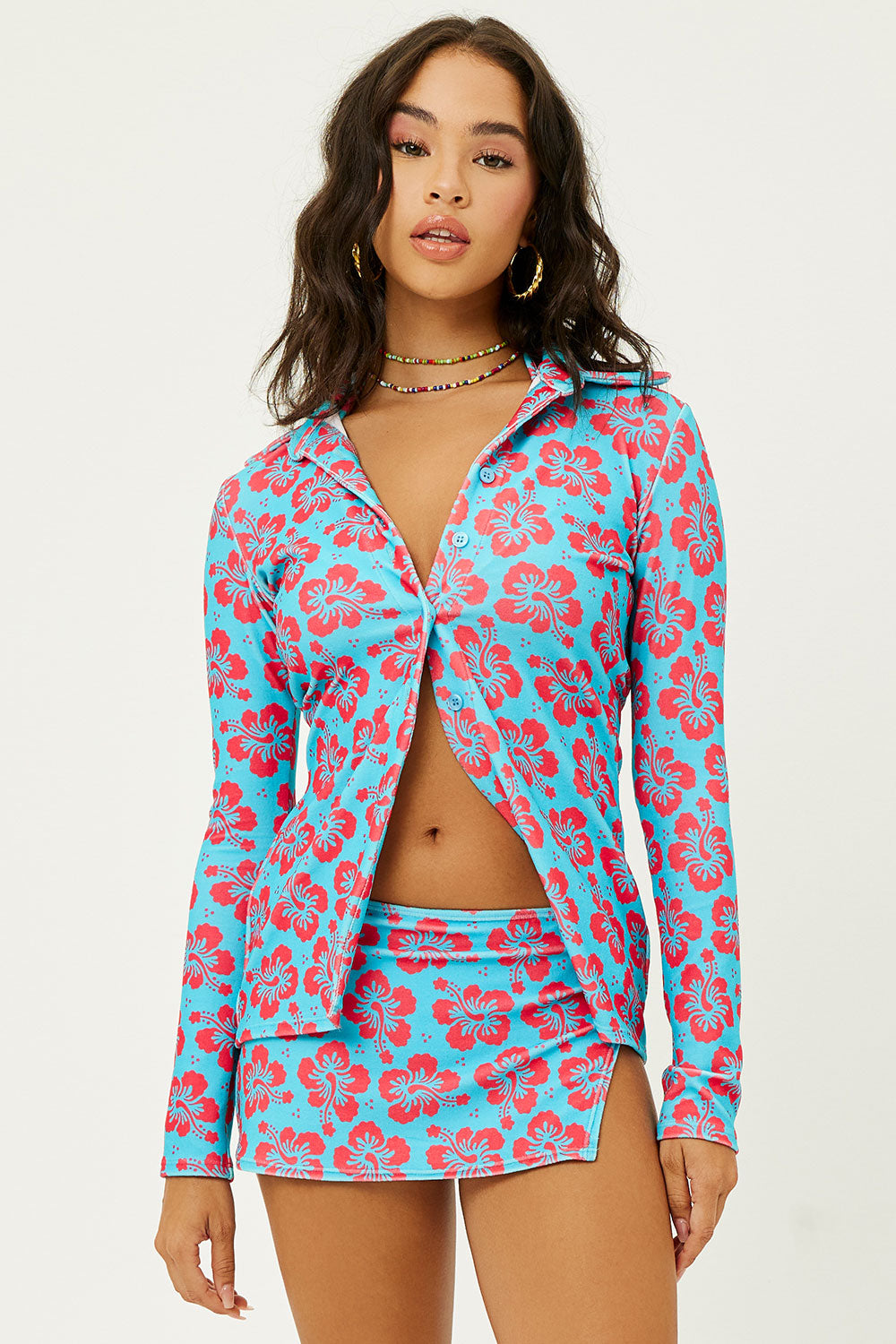 Nova Terry Floral Long Sleeve Button Up  Blue Magic