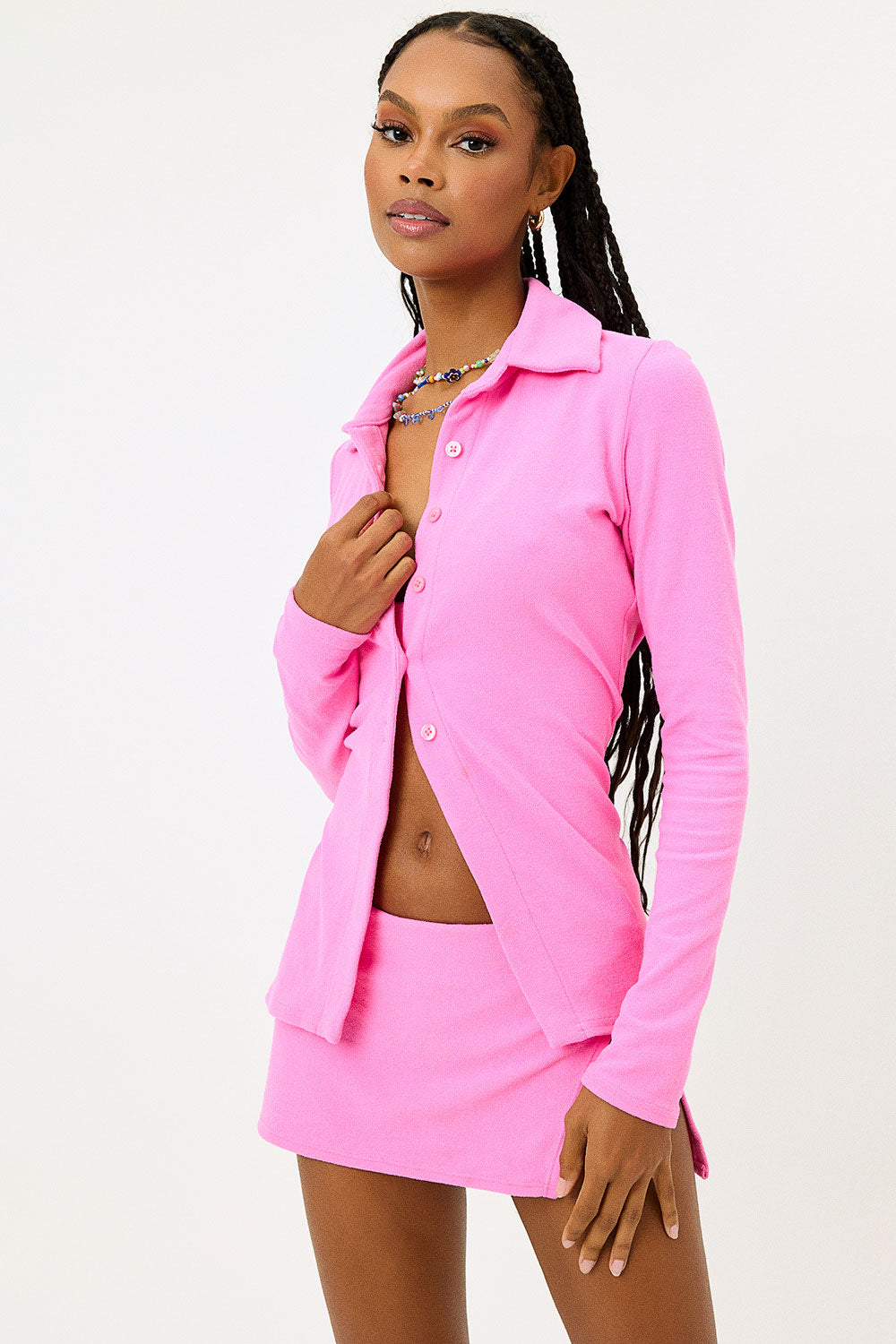 Nova Terry Long Sleeve Button Up  Blushing