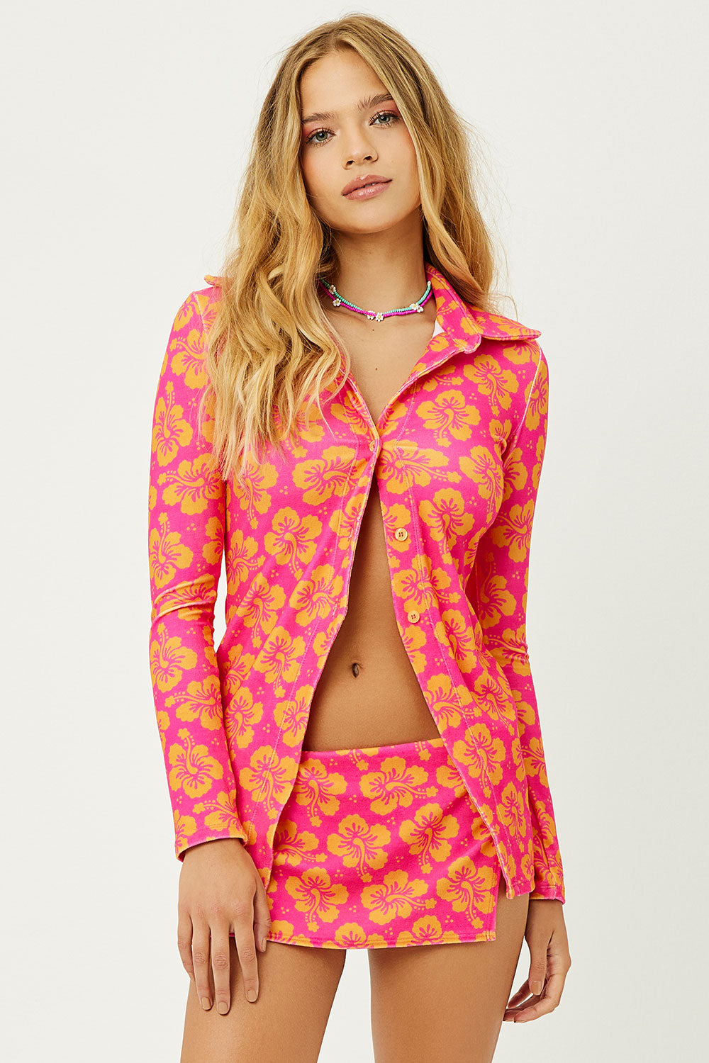 Nova Terry Floral Long Sleeve Button Up  Hibiscus Honey