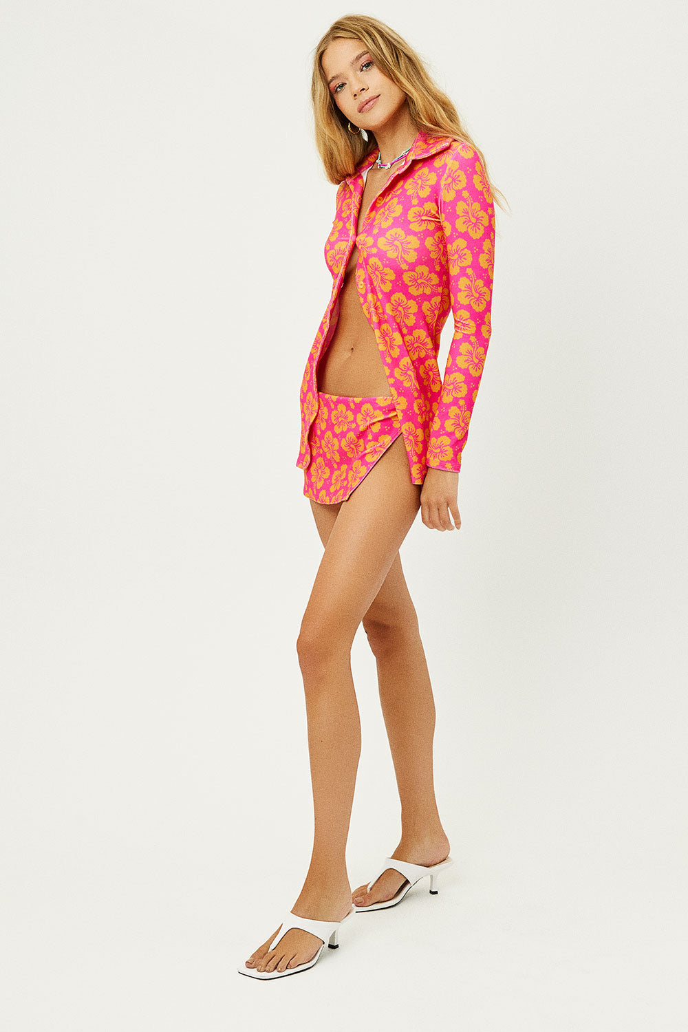 Nova Terry Floral Long Sleeve Button Up  Hibiscus Honey