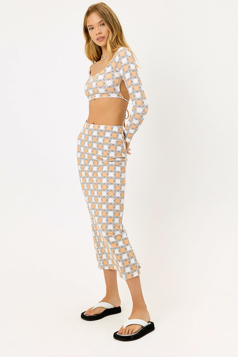 Opal Terry Midi Skirt  Nude Daisy