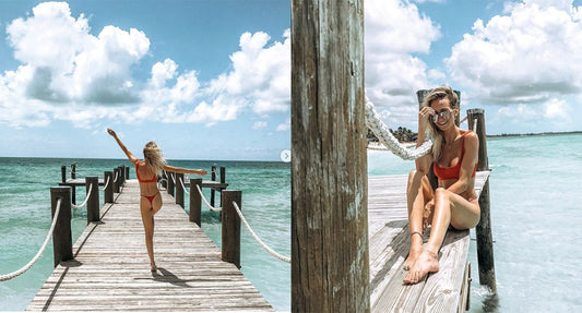 Lauren Bushnell in red ribbed swimsuit from Frankies Bikinis