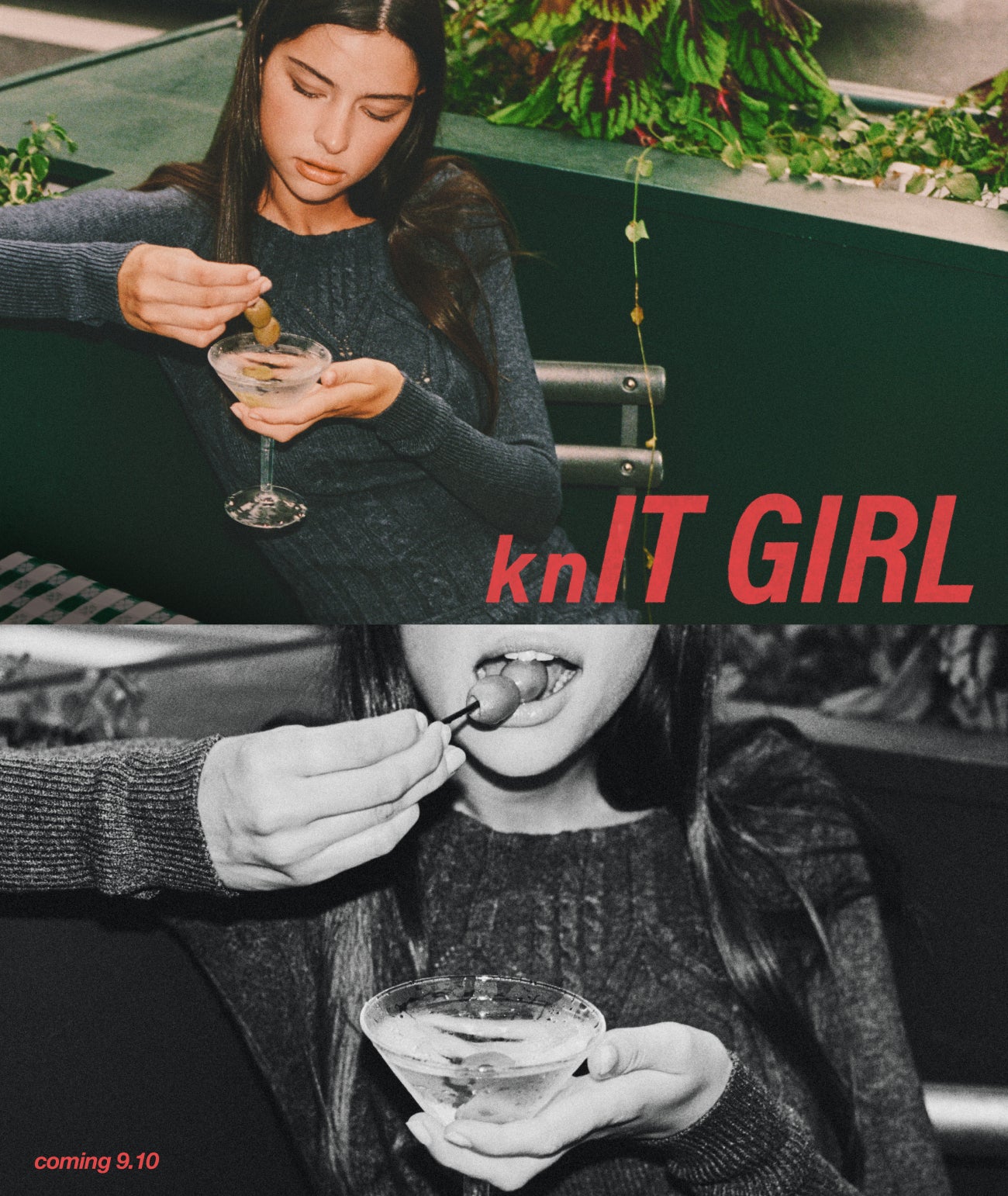 Promotional graphic for 'knIT GIRL' featuring a split-color photo of a woman in a dark gray knit sweater. The top half is in color, showing her holding a martini glass and a small object, with the red text 'knIT GIRL' overlaid.