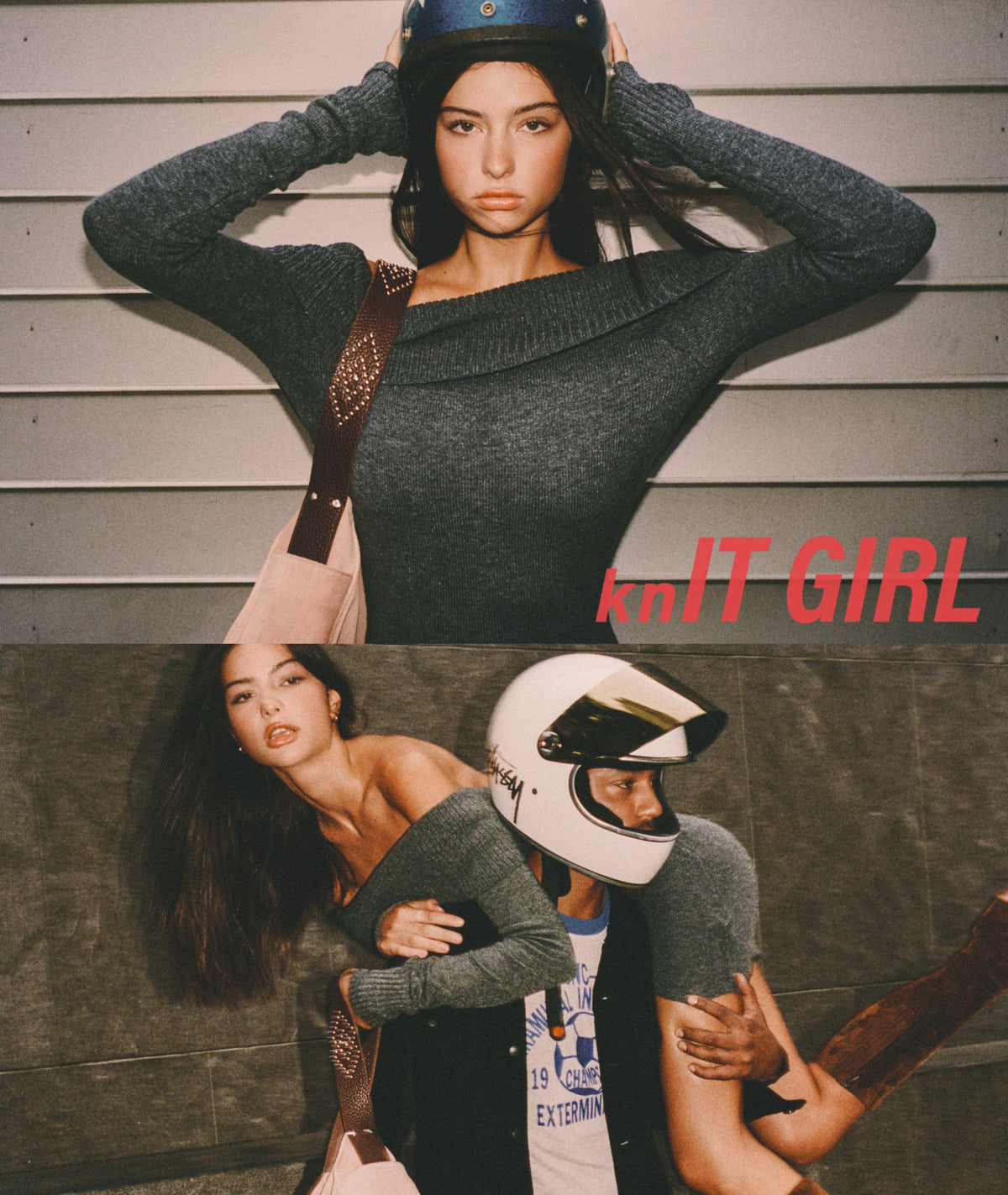 A split-panel fashion photo featuring a woman wearing a dark gray knit sweater and a blue helmet, with a pink shoulder bag, against a paneled wall. The bottom panel shows a man carrying her in a white motorcycle helmet while she wears the same gray sweater.