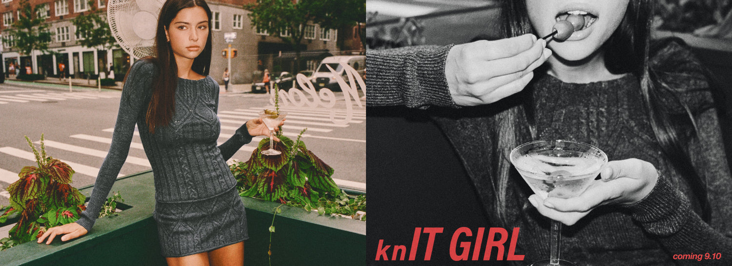 A split-screen collage showing a woman wearing a fitted cable-knit mini set in an outdoor street setting, and a black-and-white close-up of her eating while holding a drink. The text 'knIT GIRL' appears at the bottom.