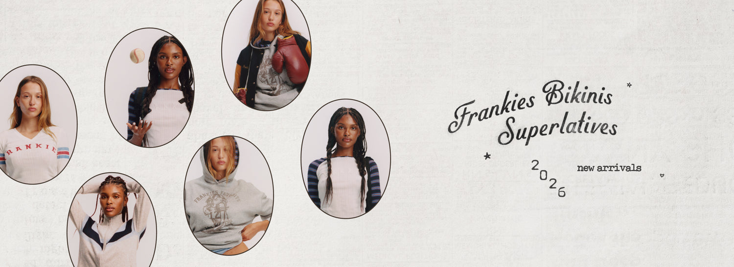 A promotional banner featuring six circular portrait photos of women wearing white bikinis, arranged around elegant black text that reads 'Frankies Bikinis Superlatives' and 'new arrivals 2026' on a light textured background.