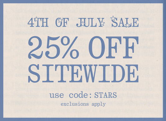 Promotional text for 4th of July sale with 25% off site-wide offer on a textured beige background. by Frankies Bikinis 