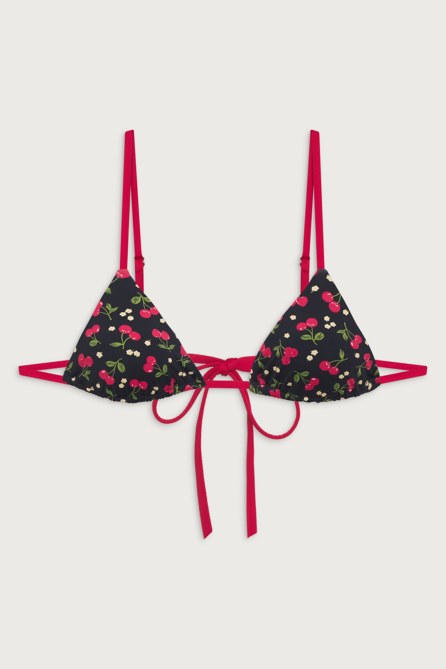 Strappy Black and Red Cherry Triangle Bikini Top
