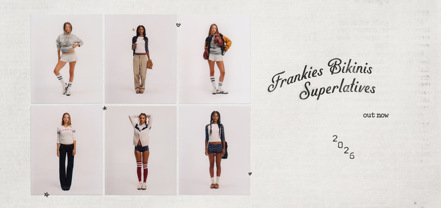 A collage-style promotional graphic on a light textured background showing six photos of a woman modeling different outfits, with the text 'Frankies Bikinis Superlatives' and 'out now 2026' on the right.