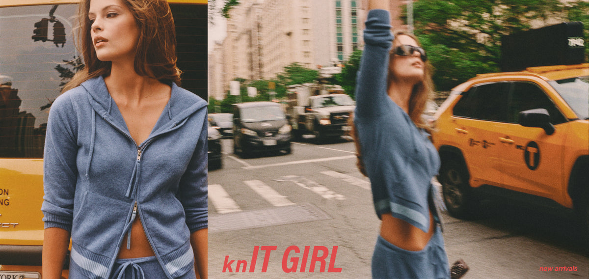 A split-screen lifestyle photo of a model wearing a blue zip-up hoodie and matching sweatpants on a city street, with a yellow taxi in the background and the text 'knIT GIRL' at the bottom.