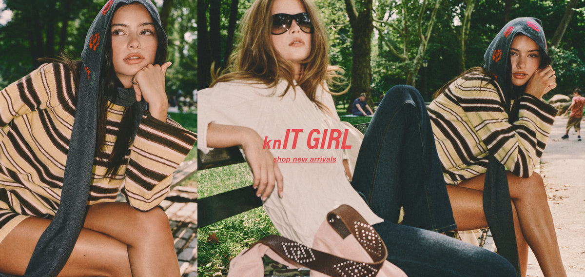 A three-panel lifestyle collage of a model wearing a yellow and brown striped knit sweater with a dark gray scarf, paired with a white knit hoodie and dark jeans in an outdoor park setting.