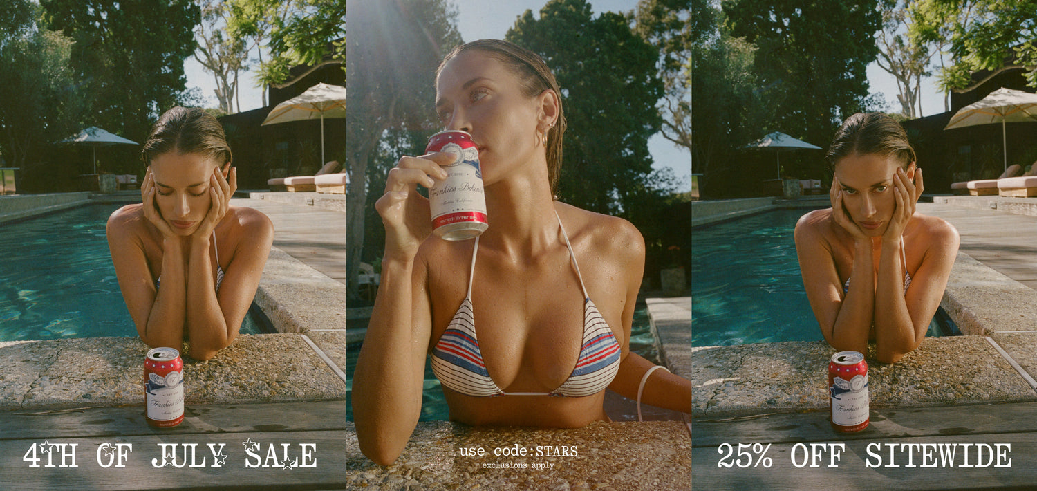 Woman in bikini by a pool with a drink, surrounded by promotional text for a sale.