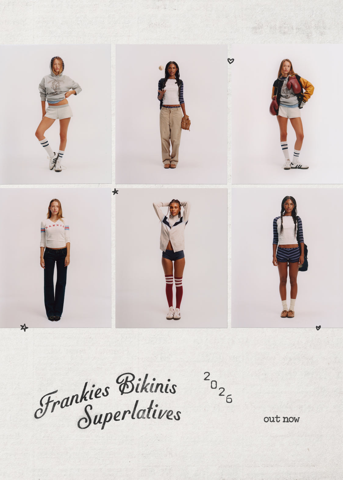 A collage-style promotional graphic showing six women modeling coordinated outfits against a light neutral background, with the text 'Frankies Bikinis Superlatives 2026 out now' at the bottom.