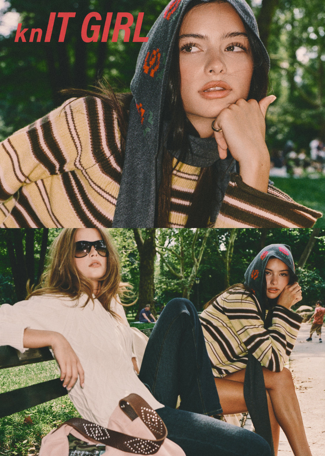 A three-panel collage showing models outdoors wearing a striped knit hoodie and matching striped sweater. The top panel features a woman in a striped hoodie with a gray scarf, the bottom-left shows a woman in a cream knit top and jeans, and the bottom-right shows another woman in a striped hoodie.