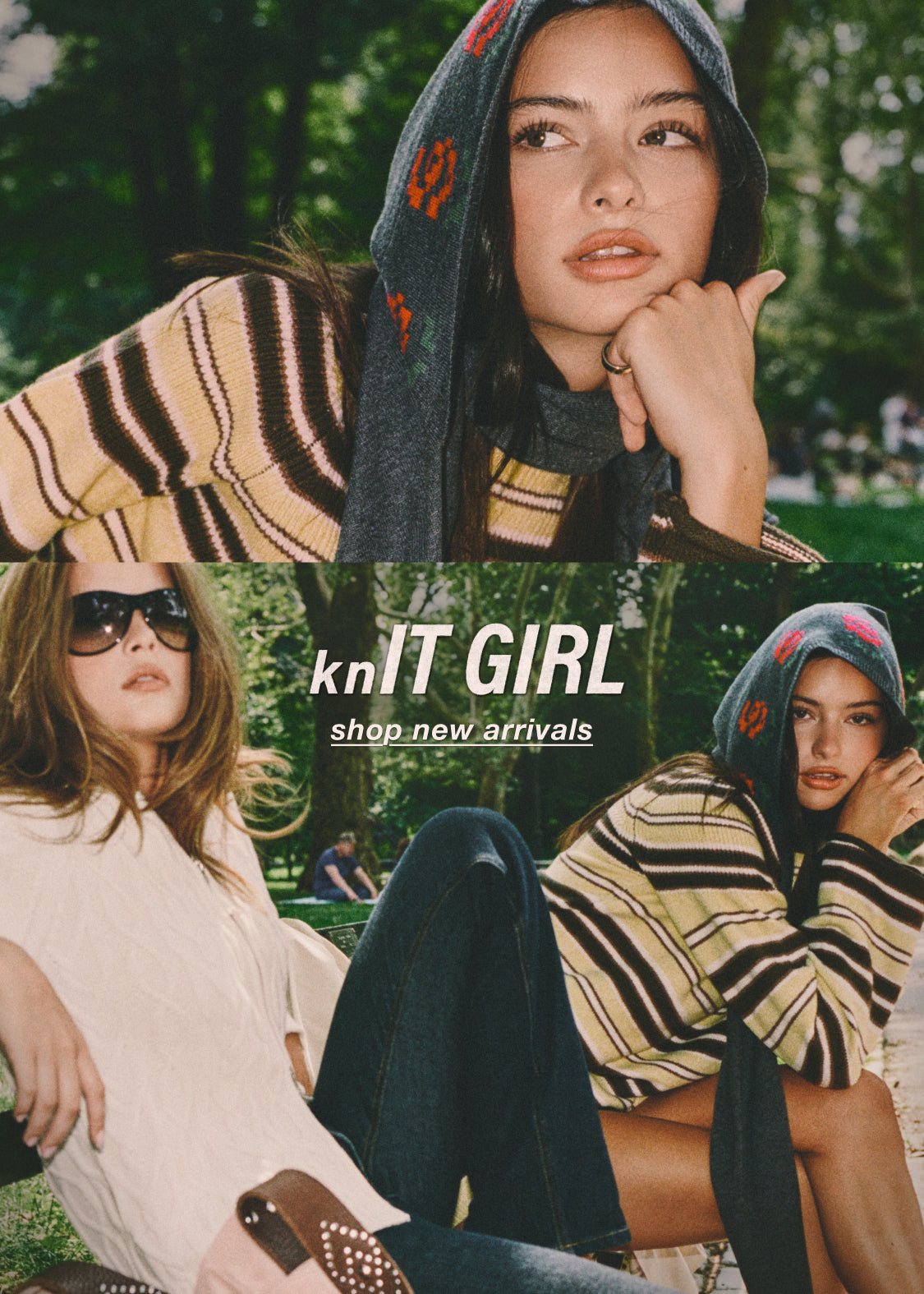 A collage-style promotional photo showing women outdoors in a park setting, wearing knit hoodies and striped knit sweaters. Large overlaid text reads 'knIT GIRL' with smaller text 'shop new arrivals'.