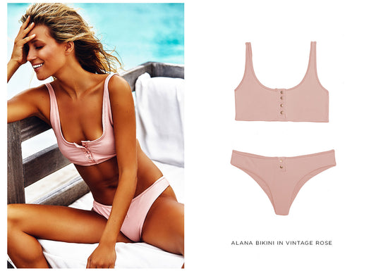 Alana Vintage Rose Ribbed Top with Button Detail and Alana Ribbed Cheeky Bottom Vintage Rose by Frankies Bikinis 
