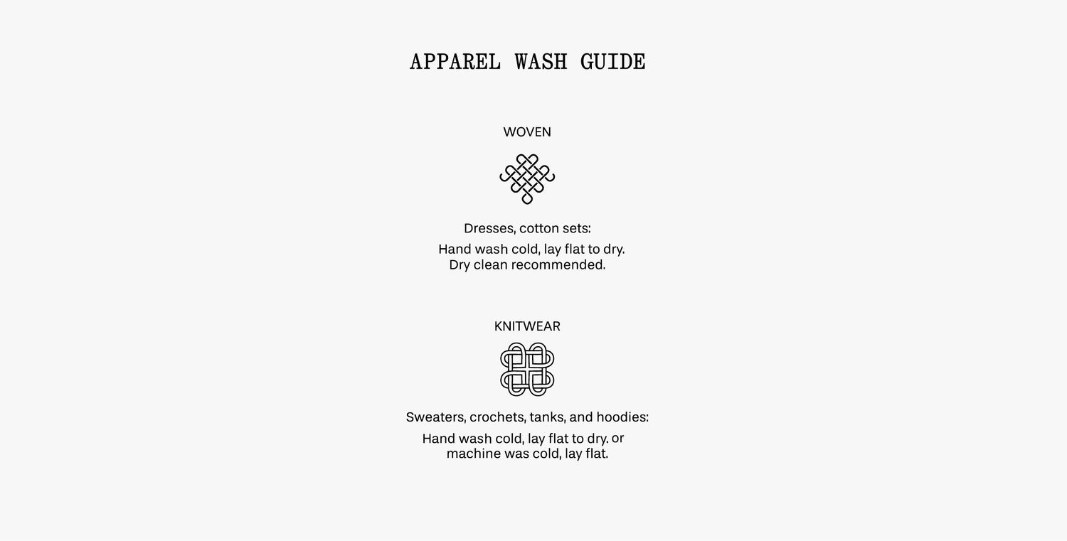 An apparel wash guide infographic on a light gray background, showing instructions for washing both woven and knitwear items with simple black text and small line icons.