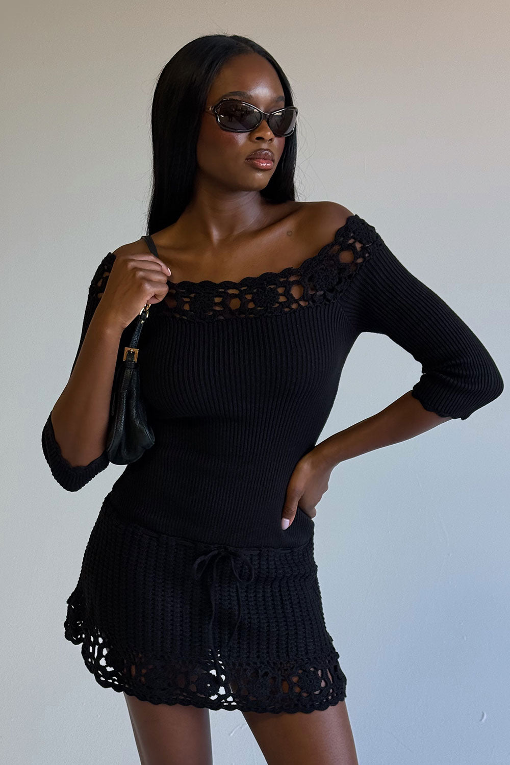 Kaia Crochet Knit Mini Dress  Black