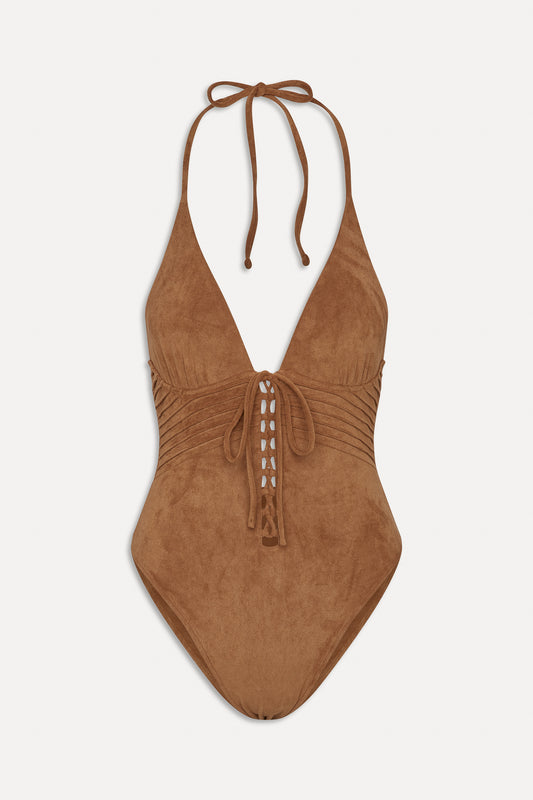 BELLA HADID Barrel One Piece Swimsuit Sunkissed Suede by Frankies Bikinis 