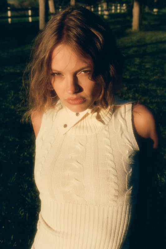 Axel Cable Cloud Knit Sleeveless Sweater French Vanilla by Frankies Bikinis 