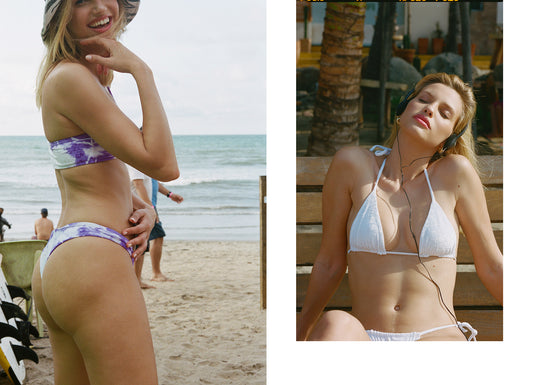 Liam Violet Tie Dye Bralette Top and Liam Bottom Cheeky Violet Tie Dye Bottom, Nicola String Bikini Set Crush White by Frankies Bikinis 