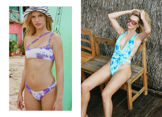 Oliver Violet Tie Dye One Shoulder Top and Liam Bottom Cheeky Violet Tie Dye Bottom, Molly Tie One Piece Aqua Tie Dye by Frankies Bikinis 