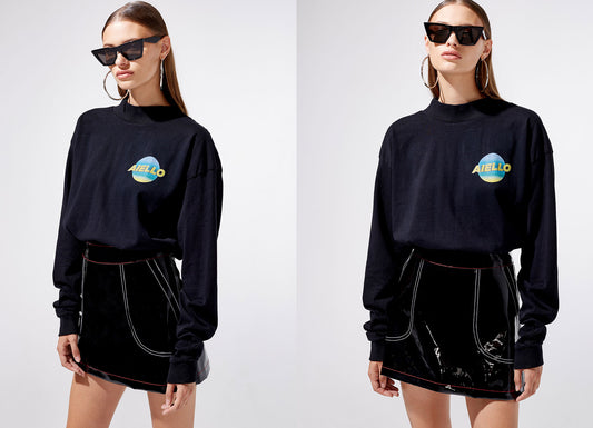 Logo Long Sleeve Tee Black and Black Latex Mini Skirt by Frankies Bikinis 