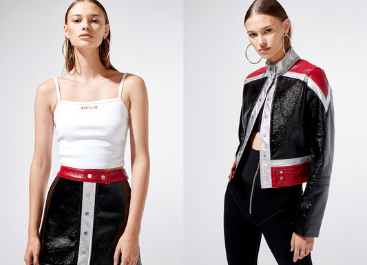 Logo Baby Ribbed White Tank Top, Leather Moto Jacket , Red and Black Leather Skirt by Frankies Bikinis 