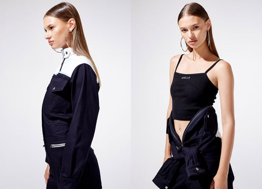 Cotton Blend Garage Jumpsuit Navy and Logo Baby Black Tank Top by Frankies Bikinis 